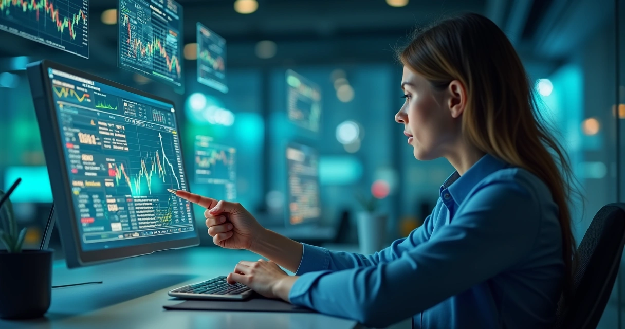Investidor analisando riscos financeiros com gráficos e elementos de inteligência artificial ao fundo 