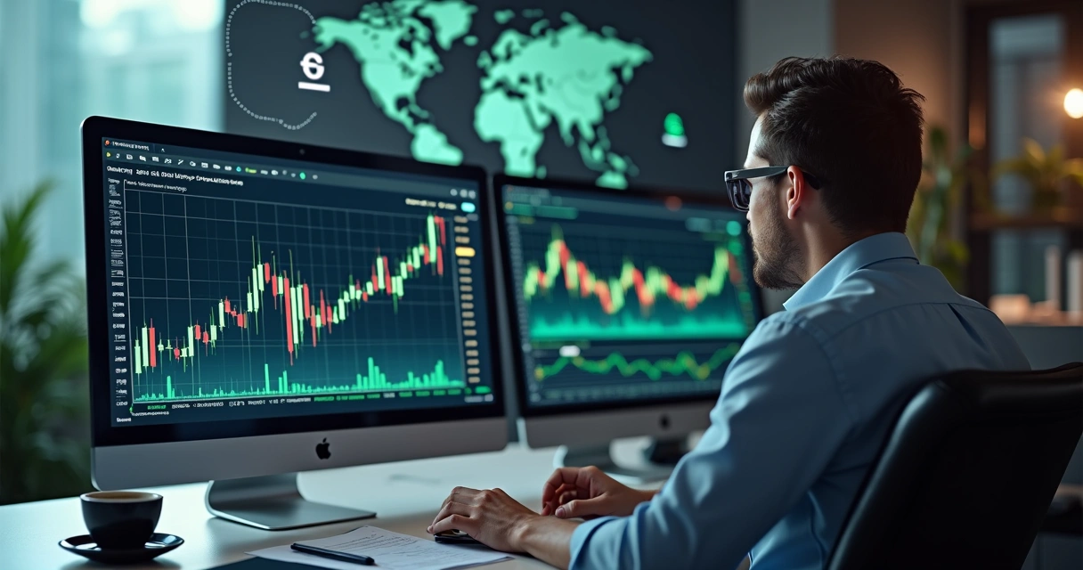 Investidor analisando gráficos de taxas cambiais e moedas estrangeiras em tela de computador 
