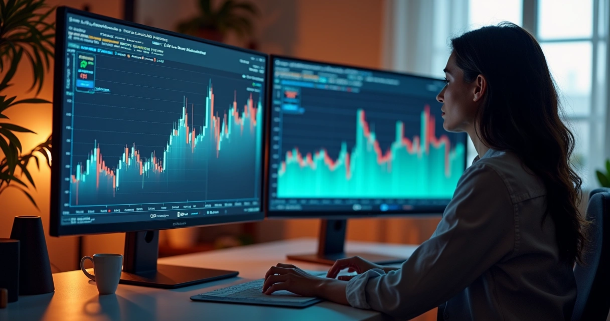 Pessoa analisando gráficos de investimentos em vários monitores 
