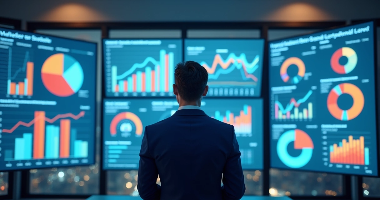 Homem de negócios analisando gráficos de tendências em uma tela 