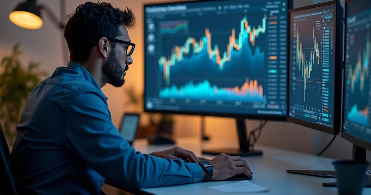 Pessoa analisando gráficos financeiros no computador com cédulas e títulos do Tesouro Direto sobre a mesa 
