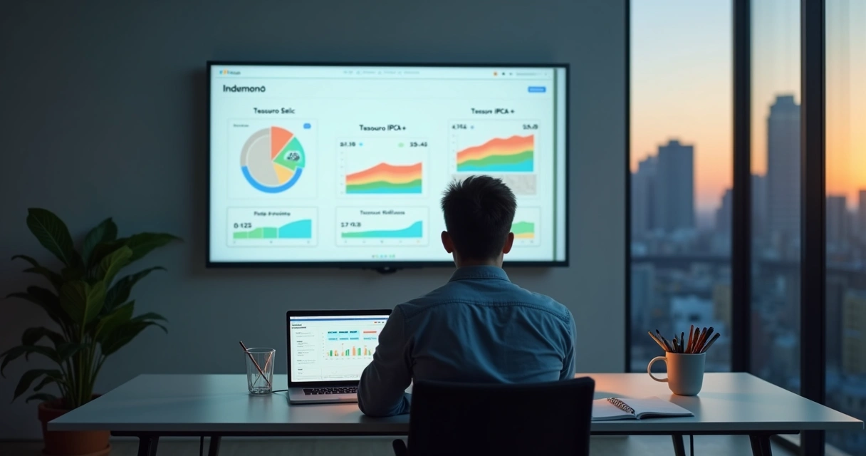 Investidor analisa opções do Tesouro Direto em tela grande com gráficos 