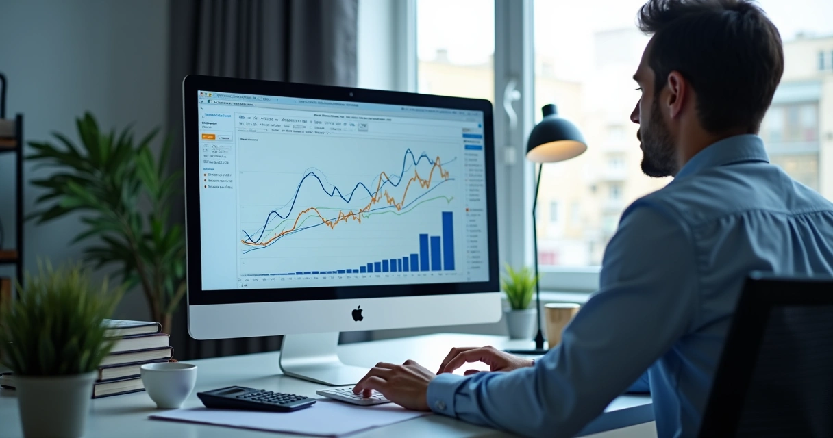 Investidor analisando gráficos econômicos e títulos do Tesouro IPCA em tela de computador 