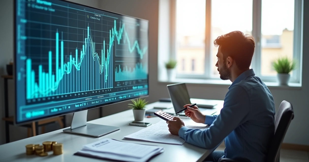 Pessoa analisando gráficos financeiros digitais de investimento enquanto segura uma calculadora em ambiente moderno 