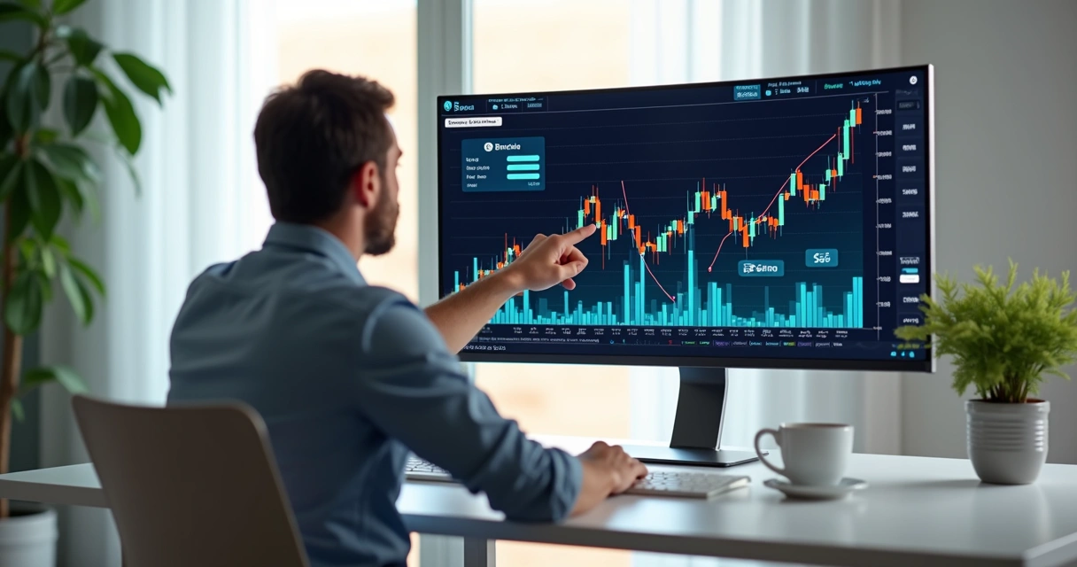 Investidor analisando gráficos e títulos de renda fixa na tela de computador moderno 
