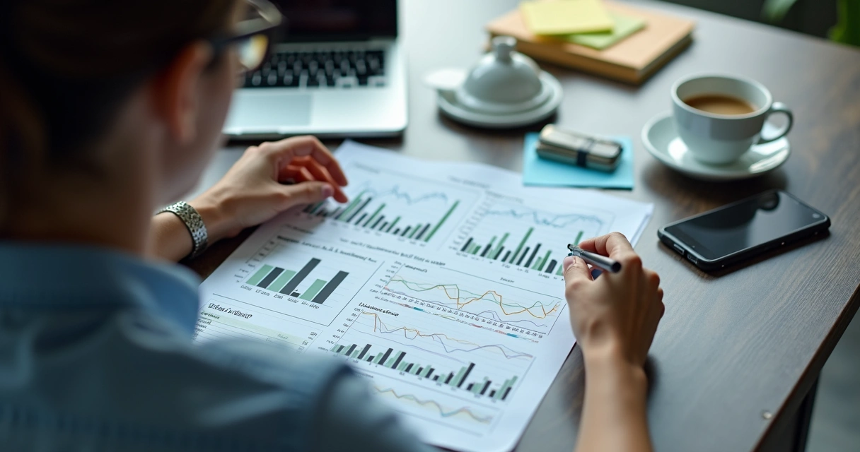 Pessoa analisando relatórios financeiros em ambiente moderno