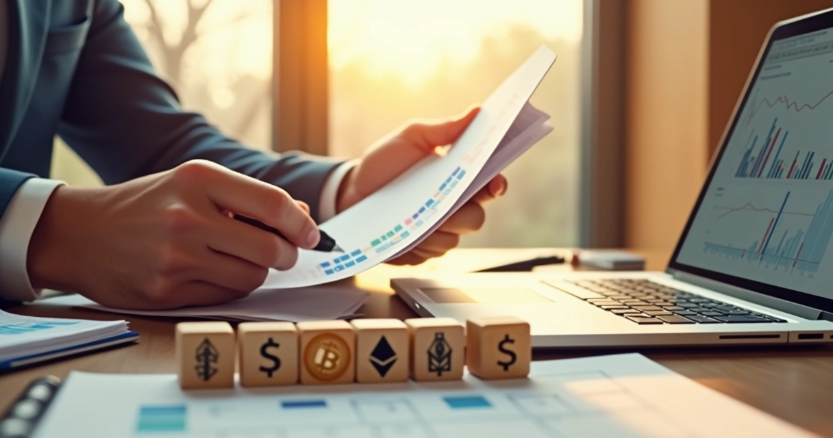 Pessoa analisando investimentos ao lado de laptop e blocos com símbolos de criptomoedas 