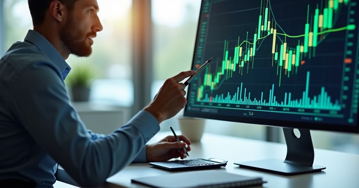 Pessoa analisando gráficos financeiros em tela digital mostrando crescimento e planejamento de investimento 
