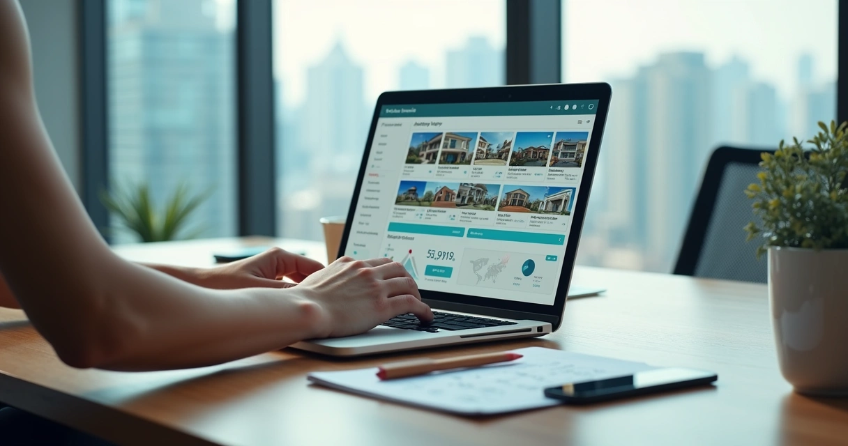 Investidor analisa plataforma de leilão de imóveis gratuita no notebook 