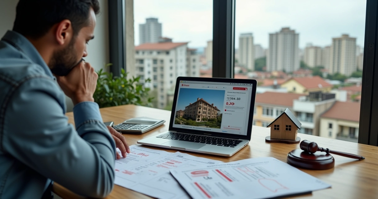 Investidor analisando imóvel de leilão com dúvida sobre o valor 