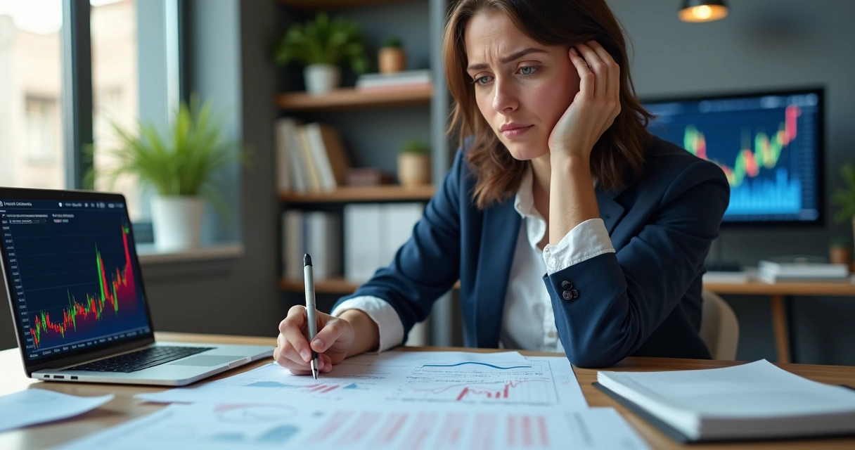 Pessoa sentada à mesa analisando gráficos e anotações financeiros, com expressões de dúvida e atenção em um ambiente moderno e iluminado 