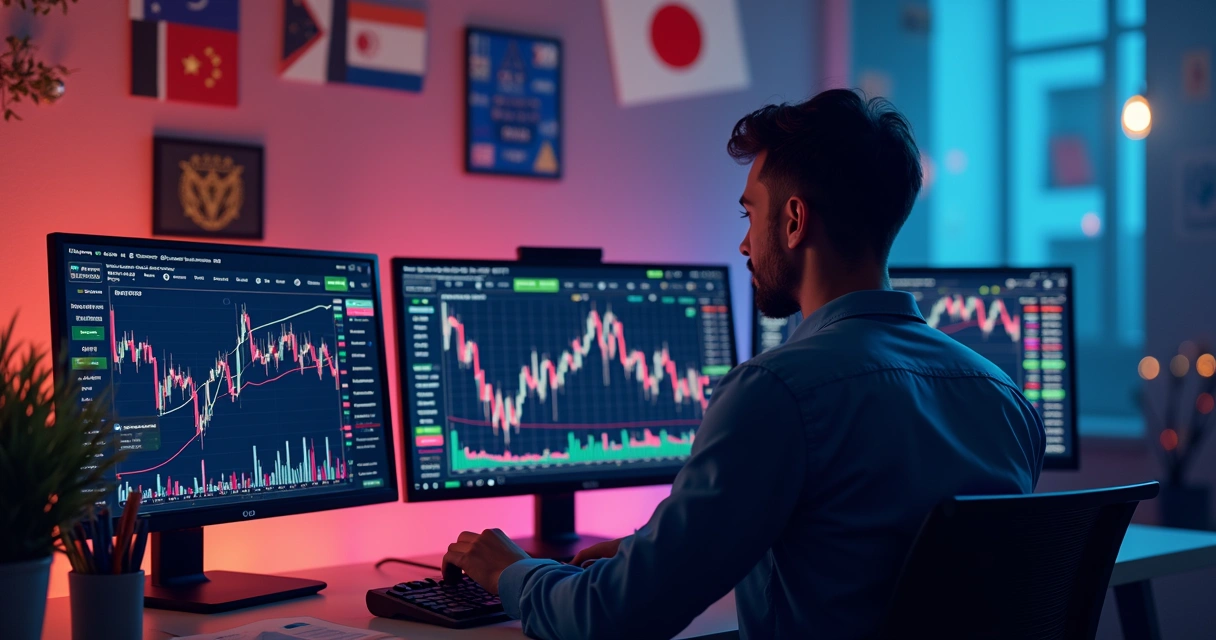 Pessoa analisando gráficos de câmbio de moedas estrangeiras em tela clara 