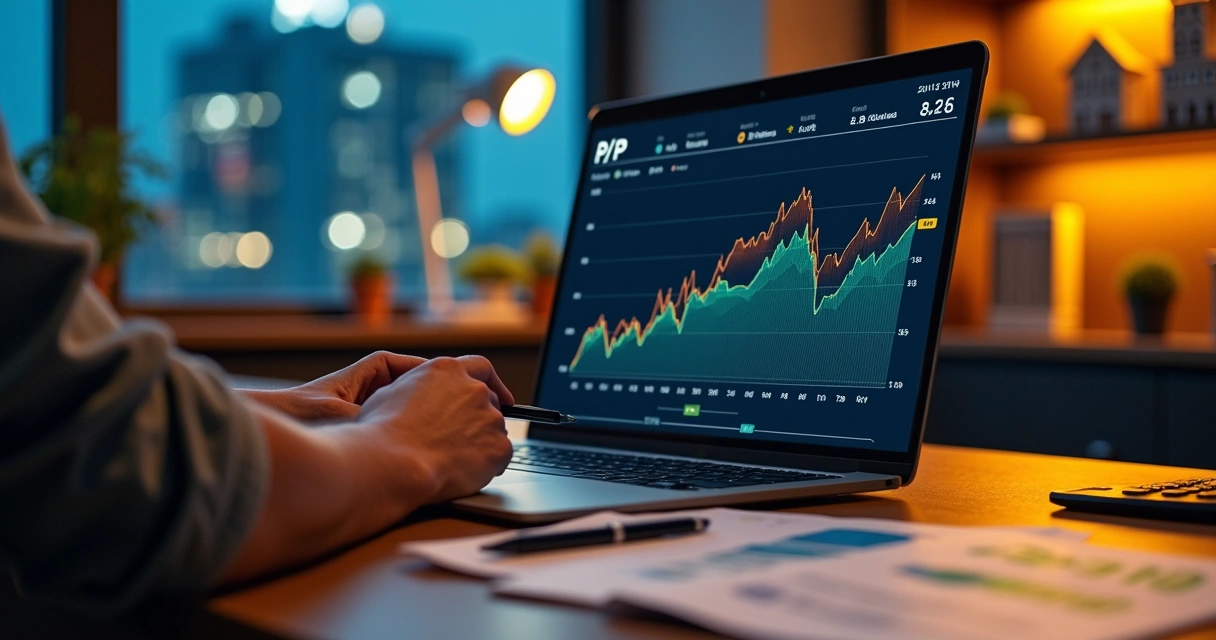 Investidor analisa gráfico P sobre VP de fundos imobiliários em notebook 