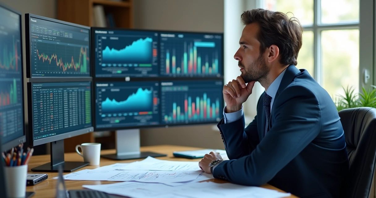 Investidor avaliando riscos em múltiplos gráficos 