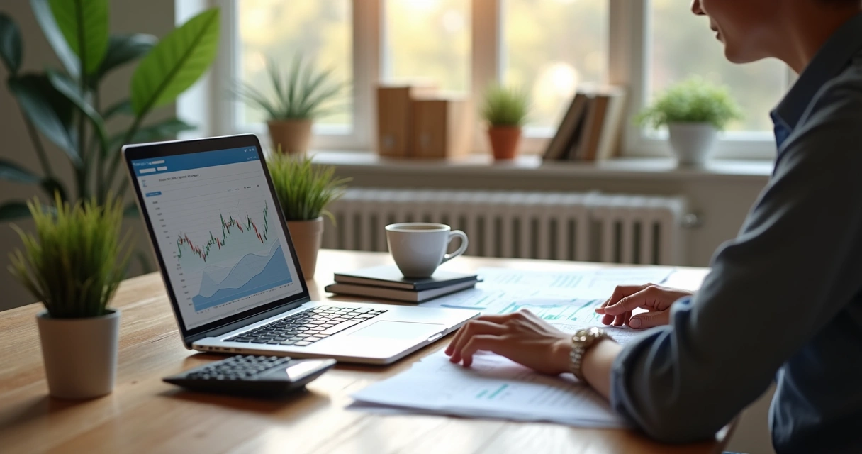 Pessoa analisando gráficos financeiros e documentos de investimento em mesa organizada 