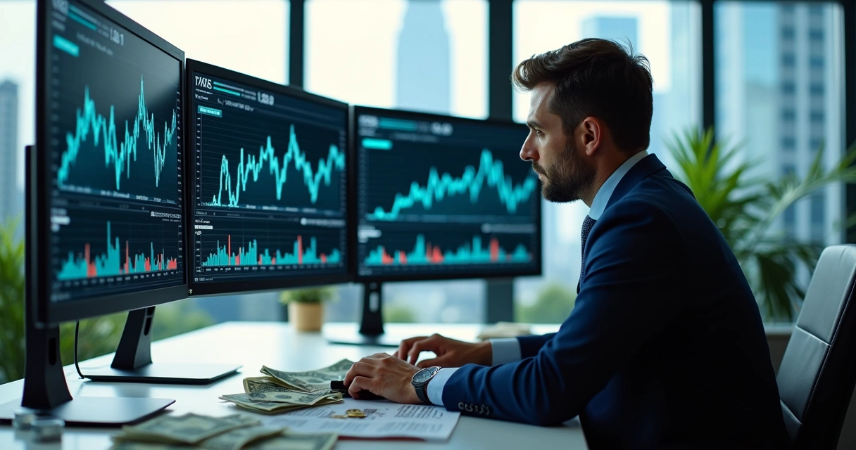 Investidor analisando gráficos de títulos em dólar na tela de computador, com cédulas de dólar e símbolos financeiros ao redor 