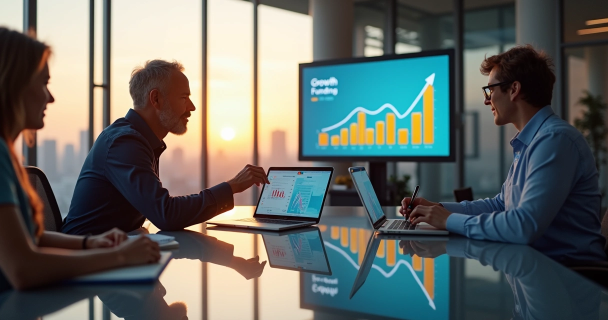 Investidor anjo e fundadores de startup em reunião estratégica em escritório moderno 