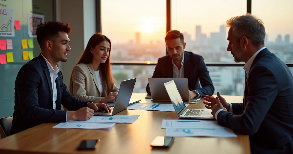 Investidor anjo e fundadores de startup em reunião estratégica 