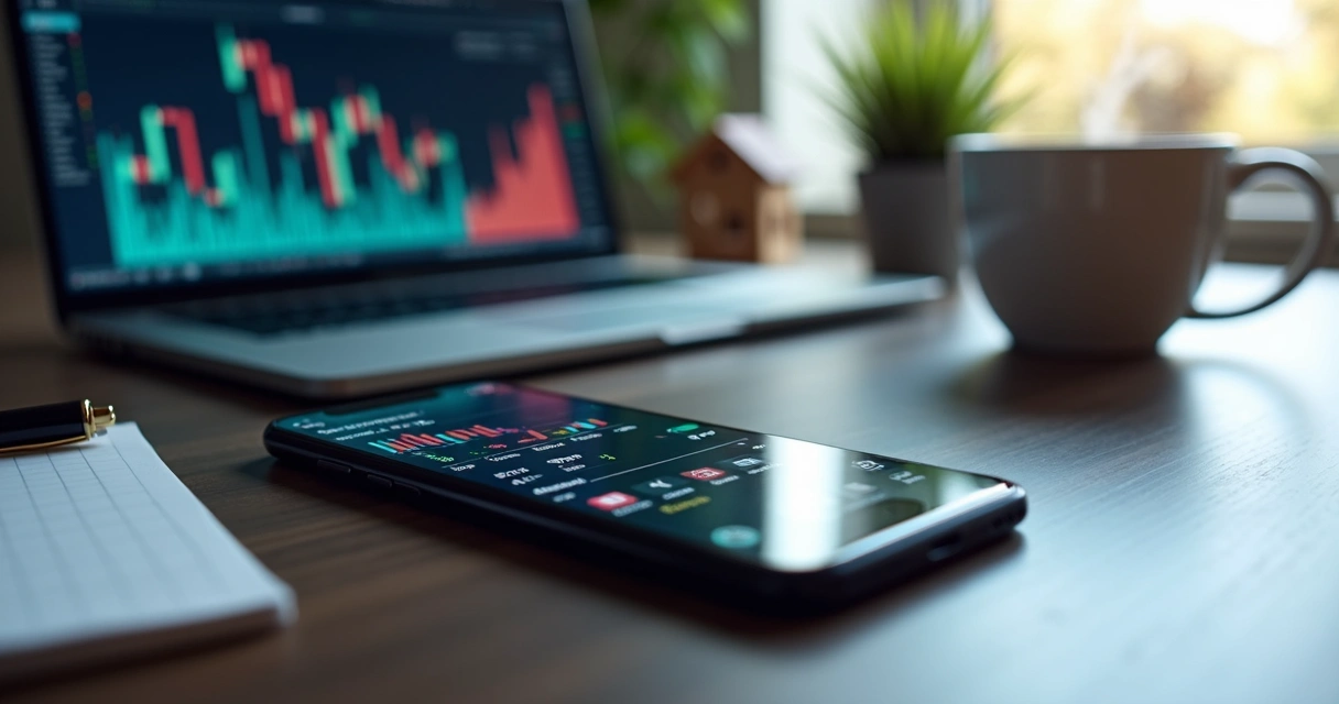 Investidor segurando smartphone com apps de mercado aberto na tela 