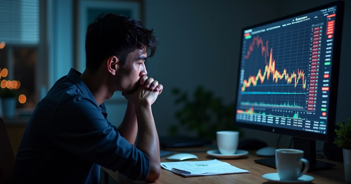 Pessoa diante do computador com expressão de preocupação e gráficos de ações, ambiente escuro
