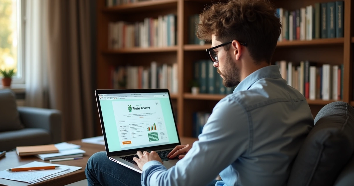 Homem consultando vídeos educativos de finanças em notebook