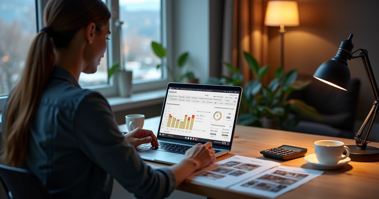 Investidor avaliando dados de imóvel em leilão no notebook 