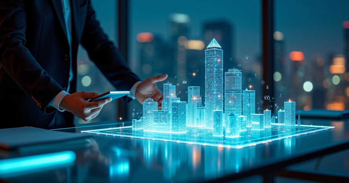 Investidor analisa maquete de cidade tecnológica em mesa iluminada 