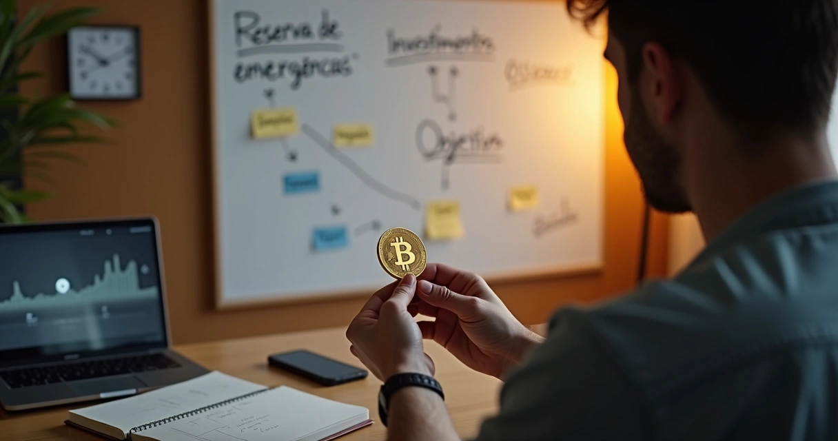 Pessoa segura moeda de bitcoin diante de quadro com plano financeiro 