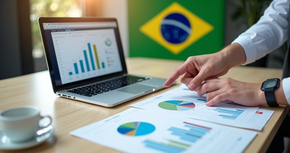 Pessoa analisando gráficos de investimentos em tela, mesa com notebook e planilhas 