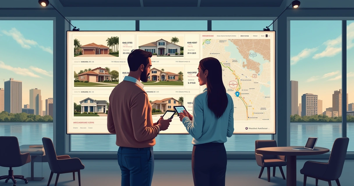Brazilian investor evaluating properties in Orlando in a modern office 