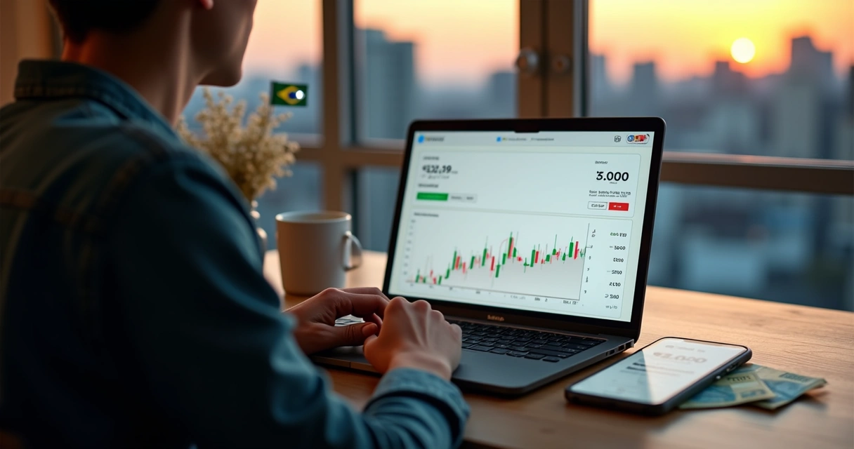 Pessoa usando notebook e celular para fazer previsão financeira online 