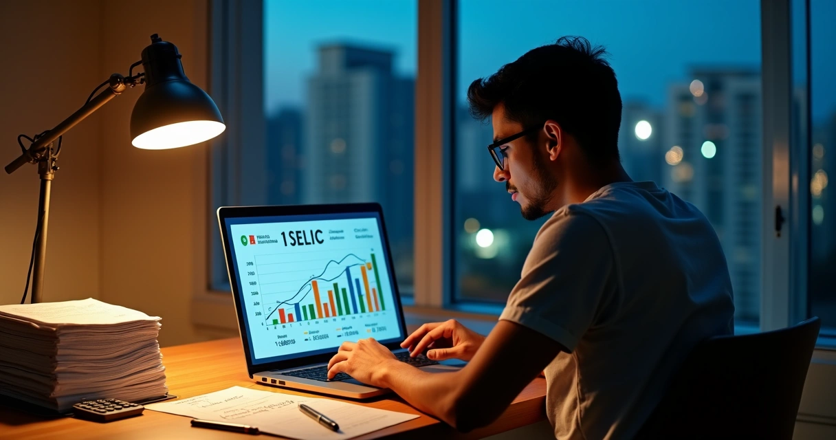 Pessoa analisando investimentos com gráficos de juros altos e contas em destaque 