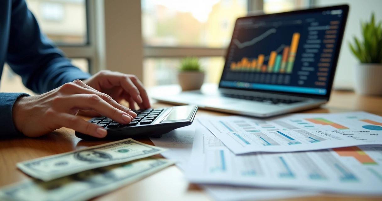 Pessoa usando calculadora com cédulas de dólar ao lado, planilhas e notebook em mesa de madeira 
