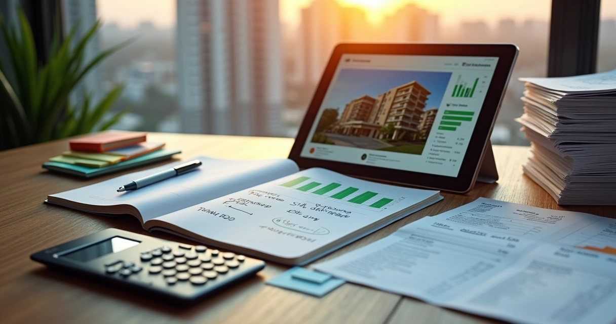 Investidor calculando lucro de revenda de imóvel com cálculos destacados 