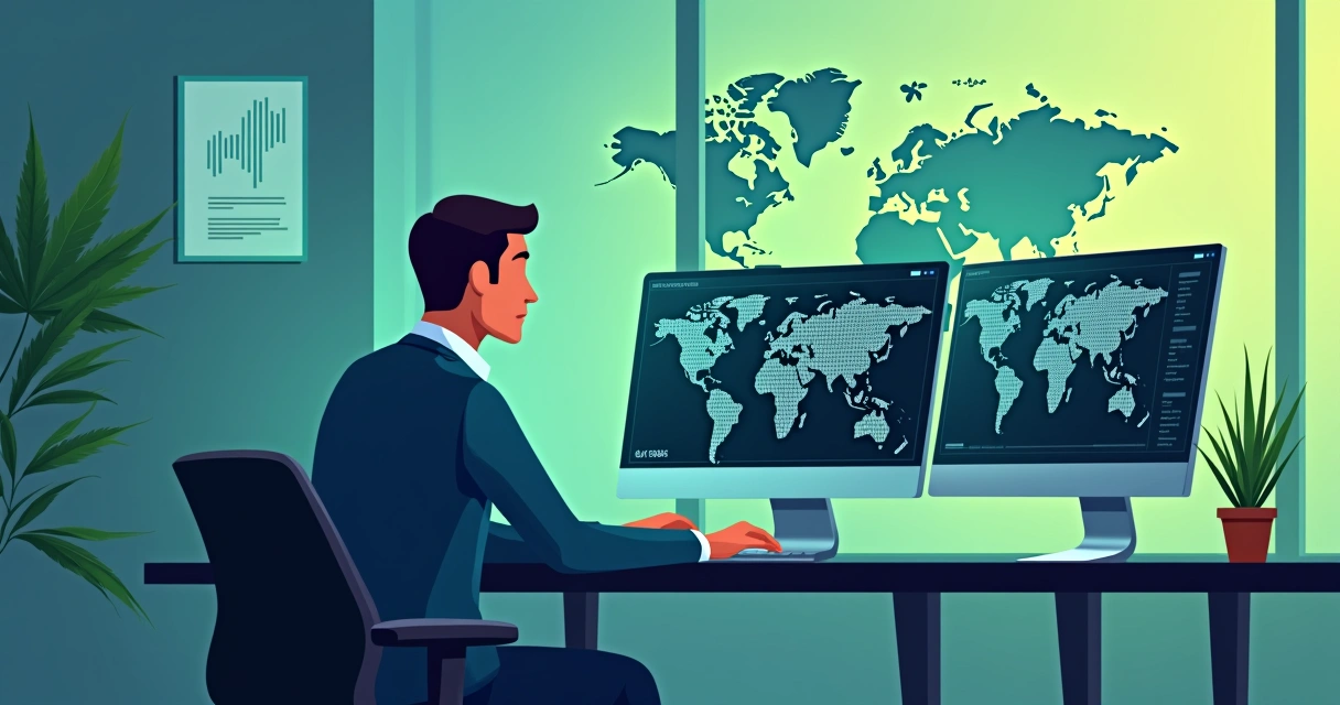 Investidor acessando mercado de cannabis pelo computador. 