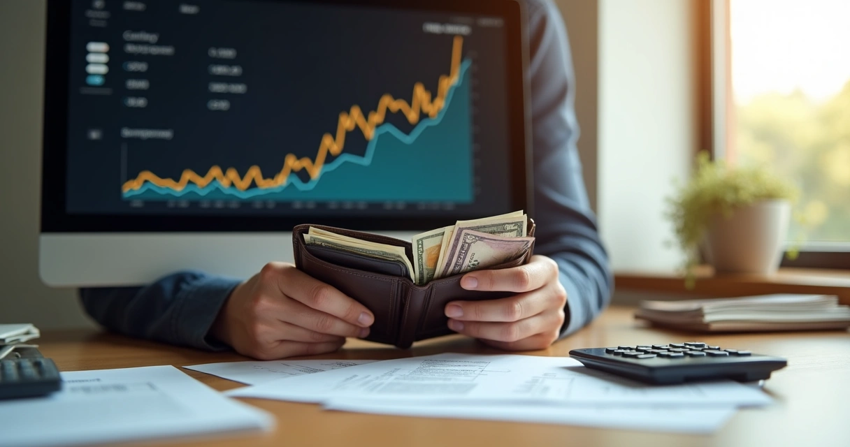 Pessoa segurando carteira, notas de dinheiro e gráfico de rendimento ao fundo. 