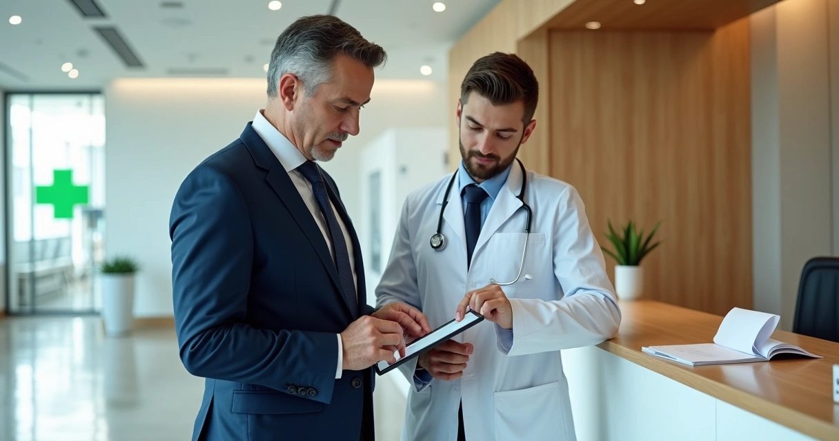 Investidor analisando contrato ao lado de médico em recepção de clínica 