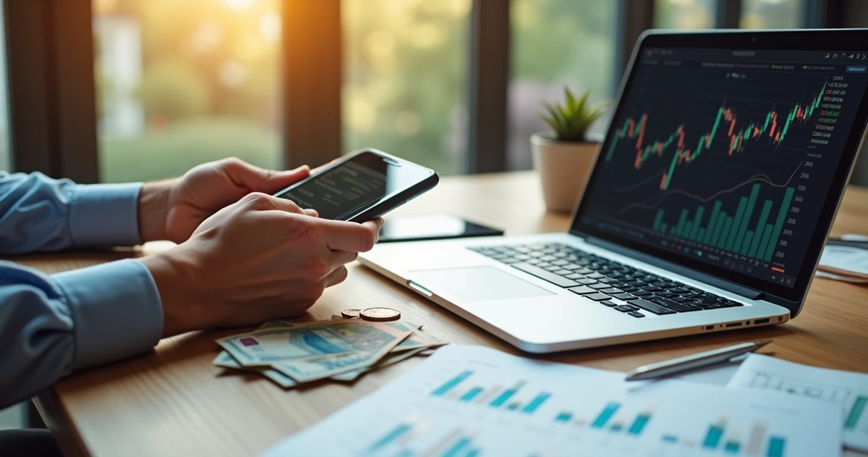 Pessoa analisando gráficos financeiros e investimentos com dinheiro e smartphone sobre mesa de madeira 