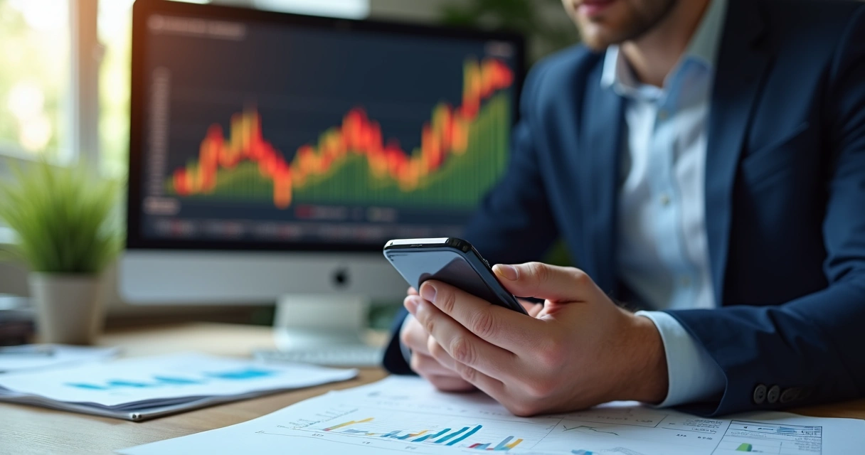 Investidor analisa gráfico de ações no celular, fundo com tela de computador e papéis de investimento
