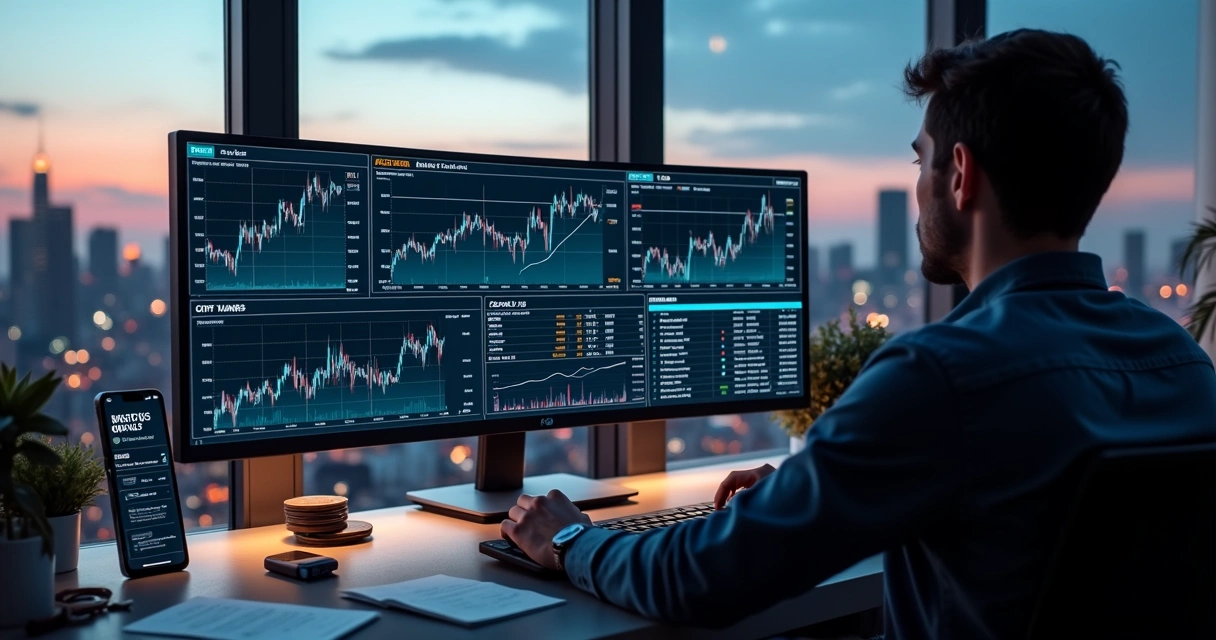 Investidor acompanhando gráficos de criptomoedas em tela wide 