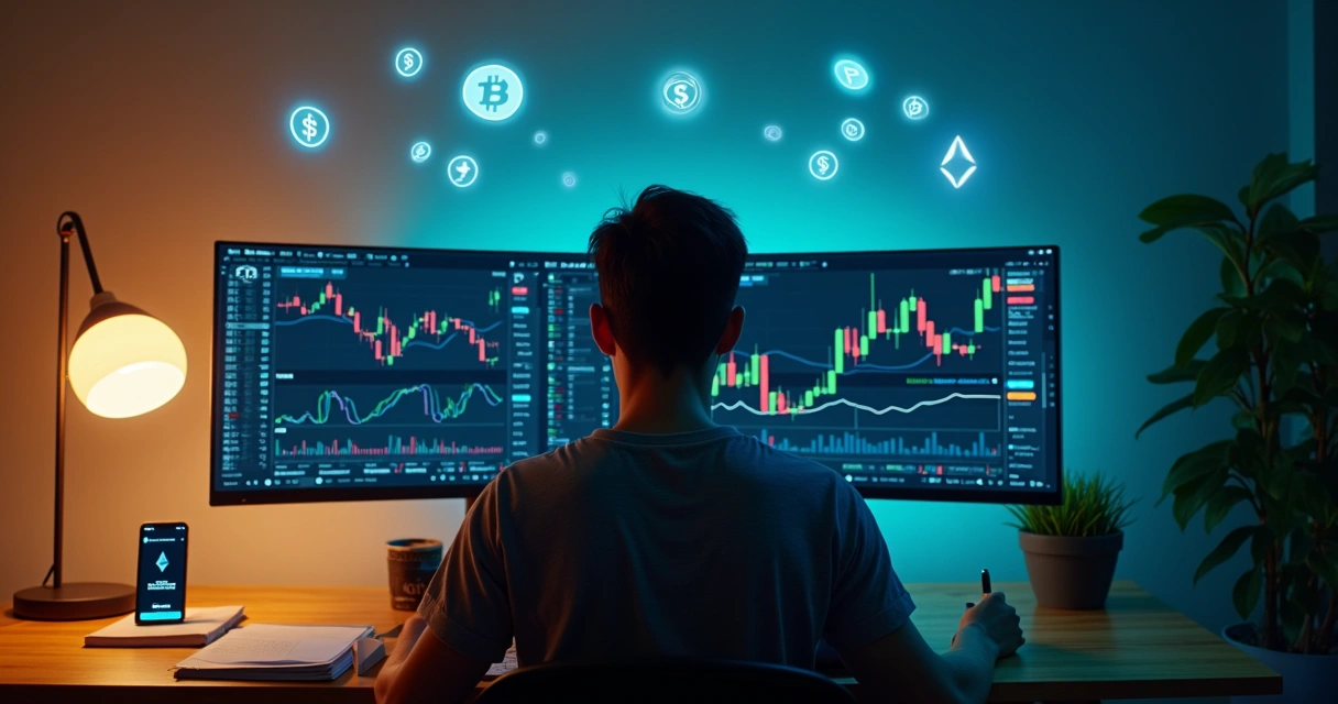 Pessoa analisando criptomoedas com foco em segurança e equilíbrio 