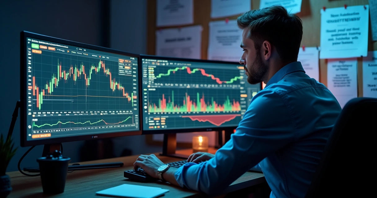 Trader analisa gráficos de criptomoedas com foco em risco e tributação 