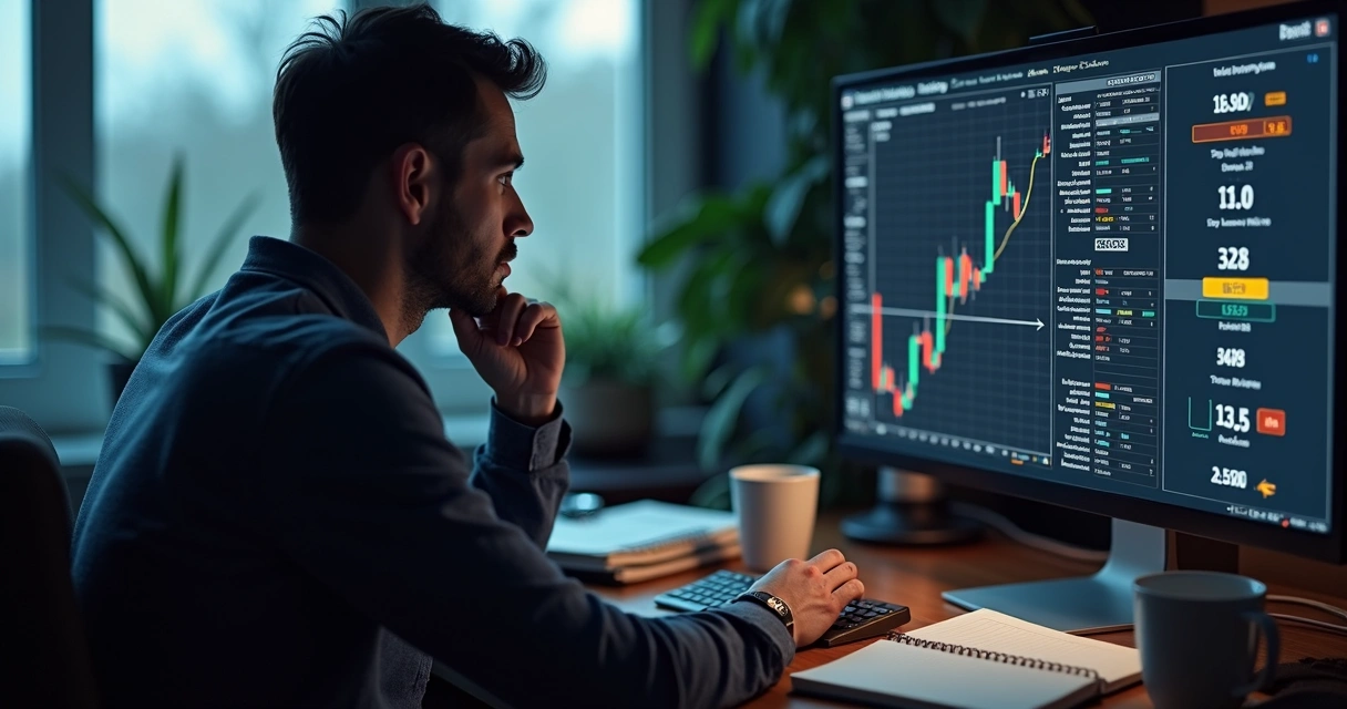 Investidor olhando para tela com opções de stop loss e stop gain. 