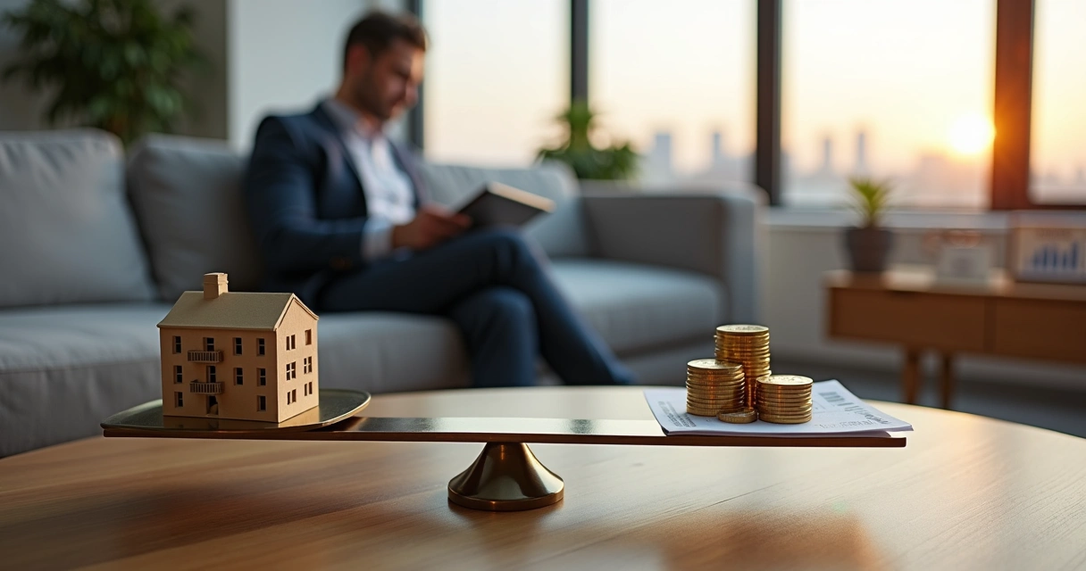 Investidor analisando balança com casa e moedas em sala moderna 