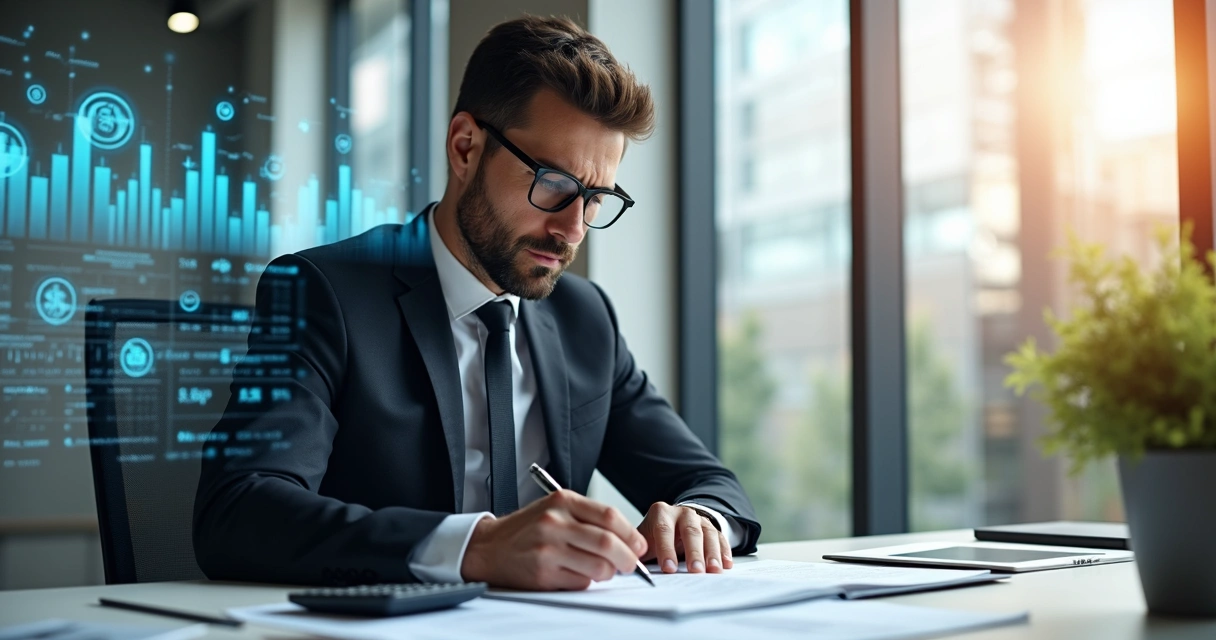 Homem de terno analisando documentos fiscais de criptoativos e gráficos 