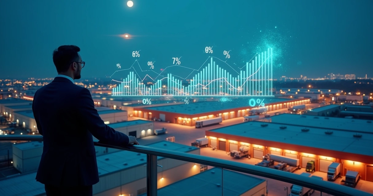Investidor observa distrito industrial iluminado ao anoitecer com gráficos de crescimento 