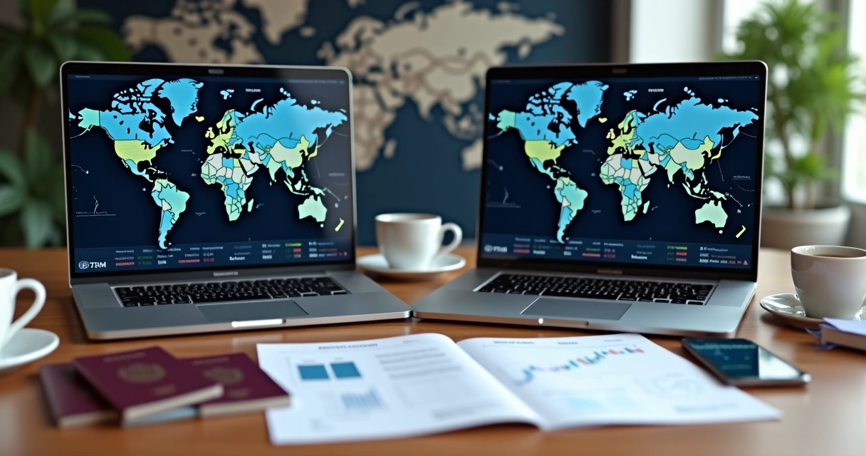 Mesa com notebooks, passaportes e documentos para abrir conta no exterior e investir globalmente 