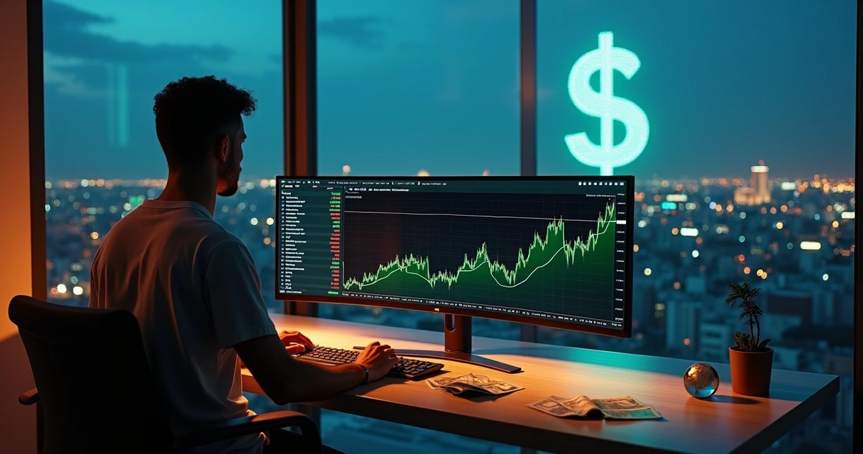 Investidor brasileiro observando gráfico em dólar diante de janela com paisagem urbana 