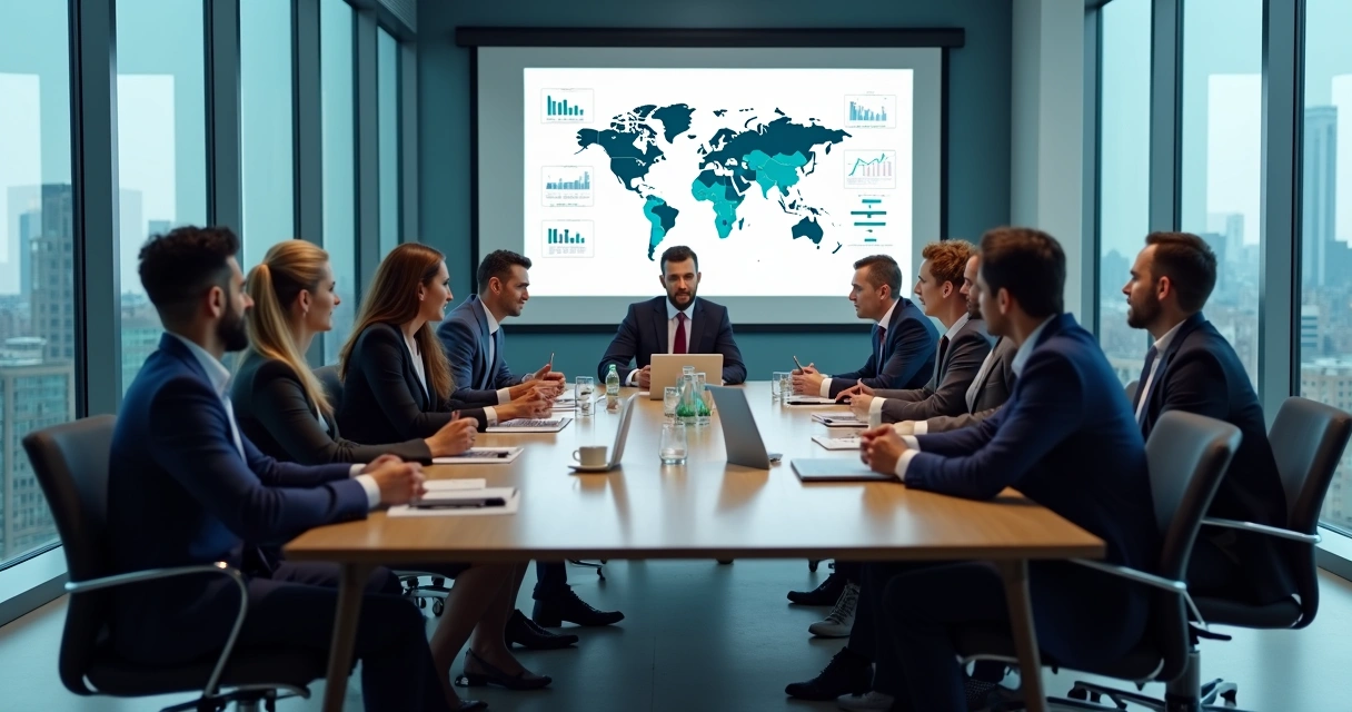 Sala de reunião moderna com mapas e gráficos de investimentos 