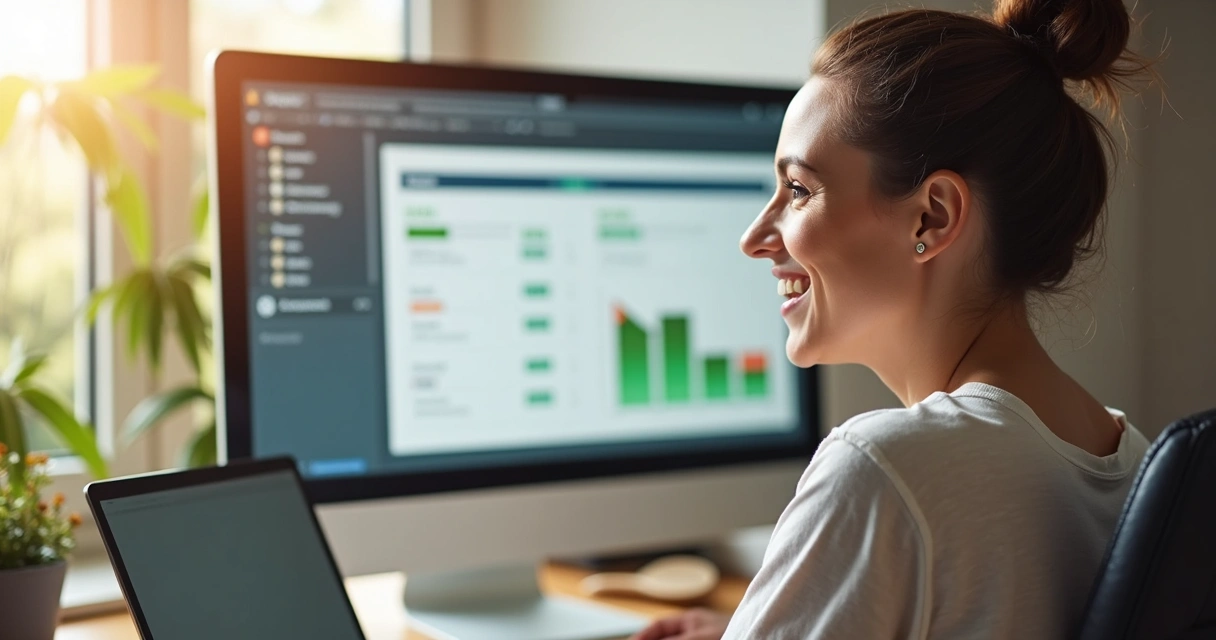 Pessoa analisando tabela de financiamento e sorrindo ao economizar juros 